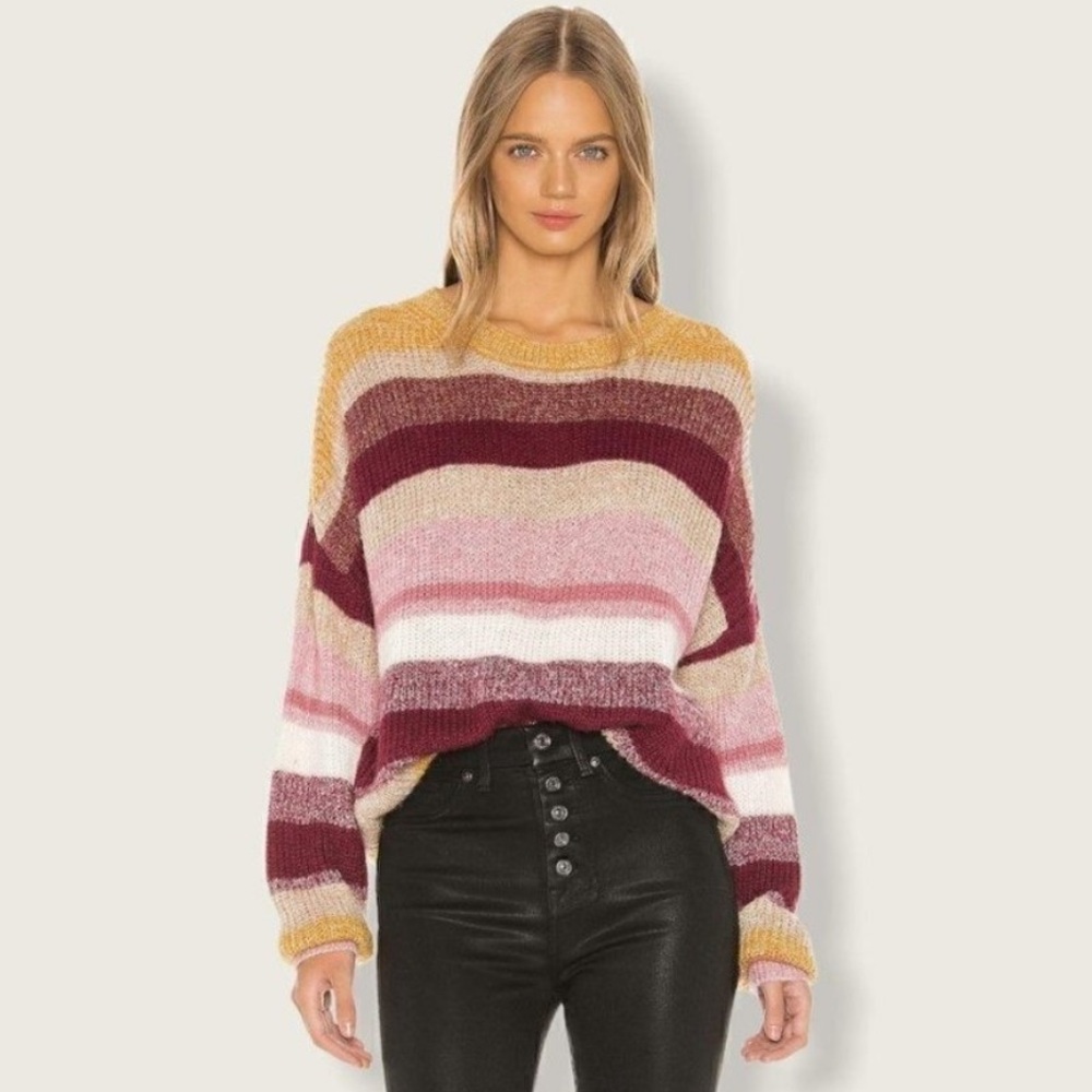 Sanctuary ‘blur the lines’ striped pink gold tan wool blend crewneck sweater